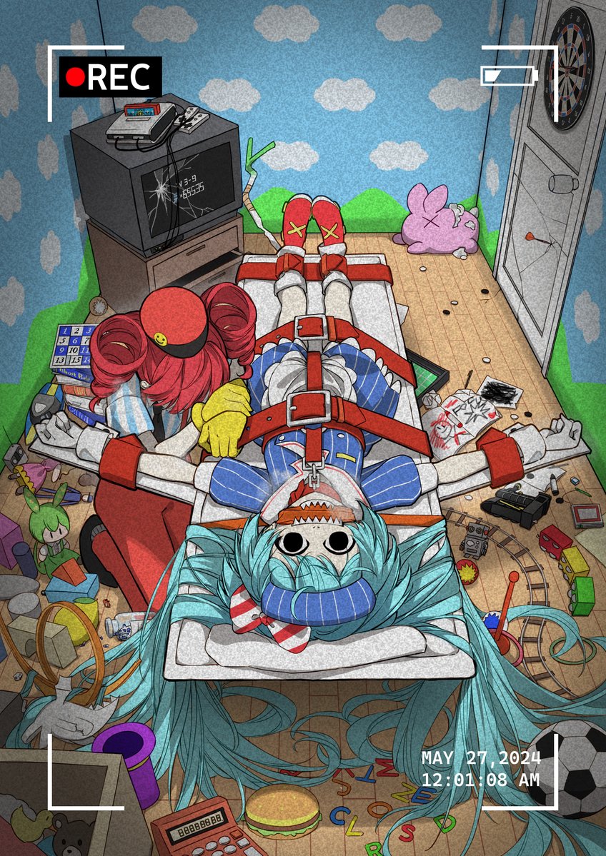 2girls, aqua_hair, ball, blue_jacket, blue_skirt, board_game, book, box