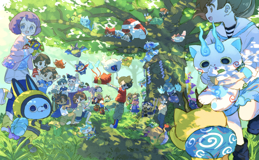 abbreviated_karakusa, absurdres, amano_keita, animal_ears, armor, belt, black_belt, blonde_hair, blue_cape, blue_eyes, bow, brown_eyes, brown_hair, cape, character_request, colored_sclera, corn, crossed_arms, egdk7454, food, fubukihime, furoshiki, furoshiki_around_neck, fuyunyan, gashapon, ghost, glasses, goggles, grass, guitar, hair_bow, hair_over_one_eye, highres, holding_hands, ice_cream, instrument, japanese_clothes, jibanyan, jorougumo_(youkai_watch), keizou, kimono, kodama_fumika, komasan, kyuubi_(youkai_watch), misora_inaho, momo_(youkai_watch), multiple_boys, multiple_girls, multiple_tails, music, obi, orochi_(youkai_watch), pintocorn, playing_instrument, red_eyes, red_hair, sash, scar, soda, tail, tree, tsuchinoko_(youkai_watch), two_tails, usapyon, watch, whisper_(youkai_watch), yellow_sclera, youkai_(youkai_watch), youkai_watch, youkai_watch_(object)