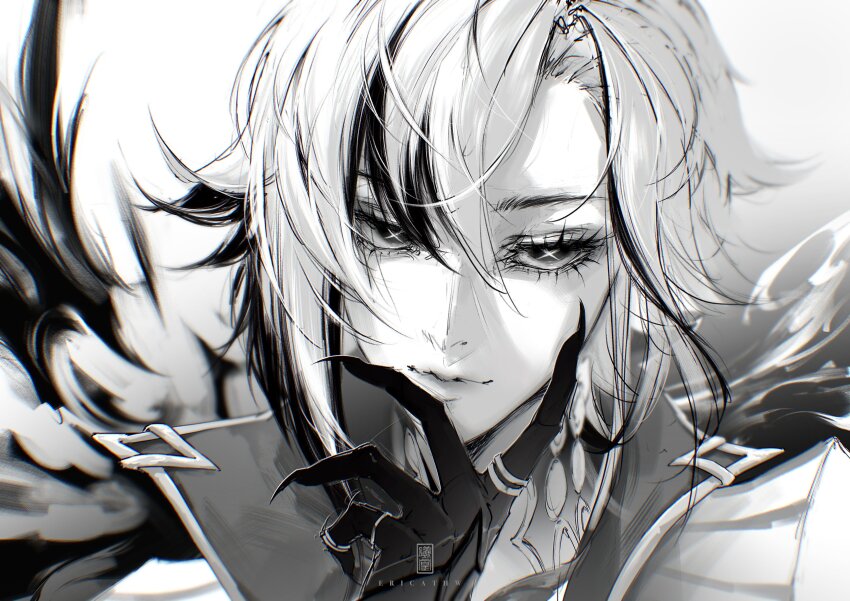 1girl, absurdres, arlecchino_(genshin_impact), black_eyes, black_hair, black_hands, black_skin, close-up