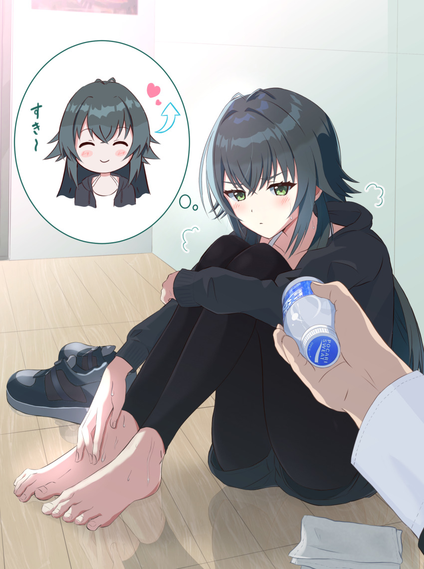 1boy, 1girl, absurdres, antenna_hair, barefoot, black_hoodie, black_leggings, blush