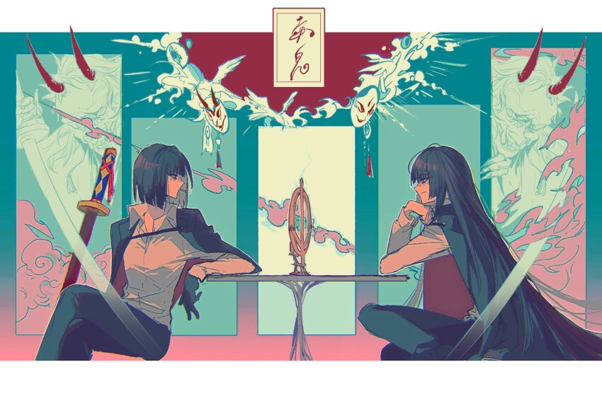 2girls, alternate_hair_length, alternate_hairstyle, black_gloves, black_hair, black_jacket, black_pants, collared_shirt