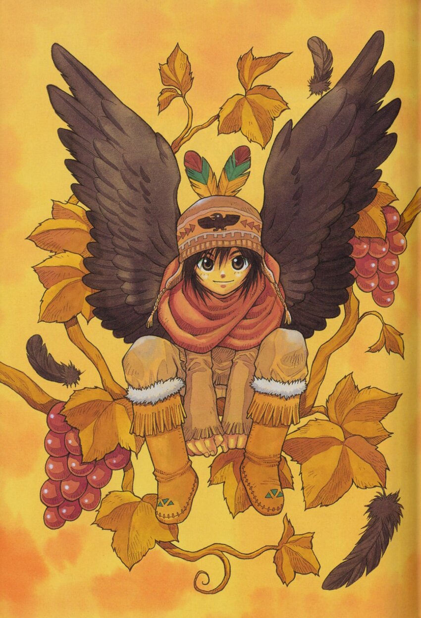 +anima, 1boy, 2000s_(style), arms_between_legs, autumn_leaves, beanie, berry, black_feathers