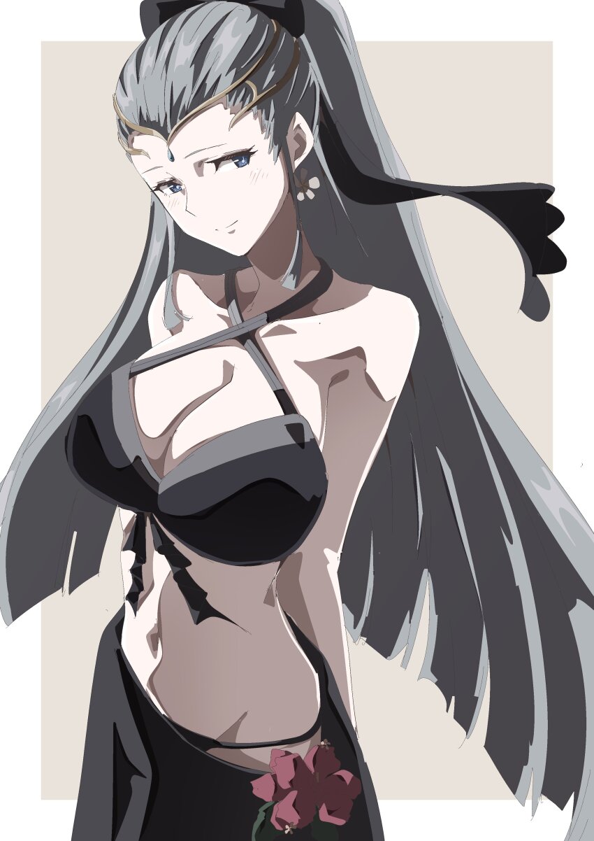 absurdres, bikini, black_bikini, blue_eyes, bow, breasts, cleavage, earrings