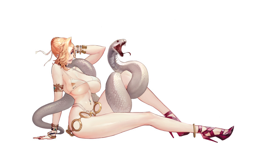 1girl, absurdres, animal_on_leg, anklet, aqua_eyes, arm_behind_head, arm_support, armlet, artist_request, bare_arms, bare_legs, bare_shoulders, bikini, black_choker, blonde_eyebrows, blonde_hair, bracelet, breasts, choker, collarbone, cross-laced_footwear, final_gear, forked_tongue, full_body, hair_over_one_eye, high_heels, highres, imperia_(final_gear), jewelry, large_breasts, lips, mature_female, multi-strapped_bikini_bottom, navel, navel_piercing, official_art, open_mouth, piercing, red_eyes, red_footwear, shoe_strap, simple_background, sitting, slit_pupils, smile, snake, snake_tail, solo, stiletto_heels, strappy_heels, swimsuit, tachi-e, tail, teeth, third-party_source, tongue, tongue_out, transparent_background, triangle_print, upper_teeth_only, white_bikini, white_snake