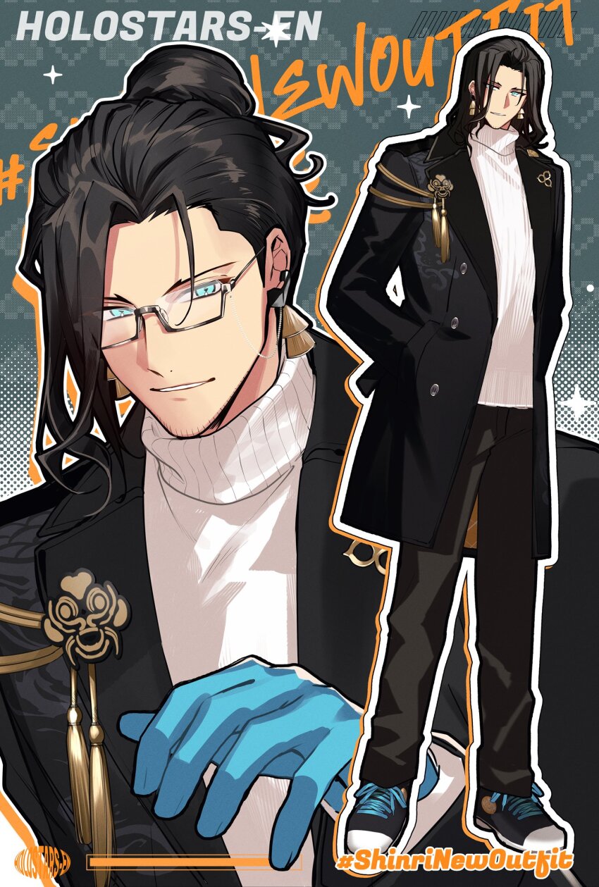 1boy, beard_stubble, black_coat, black_pants, blue_eyes, blue_skin, coat, colored_skin, commentary, copyright_name, earrings, english_commentary, facial_hair, full_body, hair_between_eyes, hair_bun, hands_in_pockets, heart, highres, holostars, holostars_english, jewelry, josuiji_shinri, josuiji_shinri_(2nd_costume), lapels, long_hair, loose_hair_strand, male_focus, multicolored_skin, multiple_views, nitaka_(fujikichi), official_alternate_costume, official_alternate_hairstyle, open_clothes, open_coat, pants, shoes, smile, stubble, sweater, turtleneck, turtleneck_sweater, virtual_youtuber, white_sweater