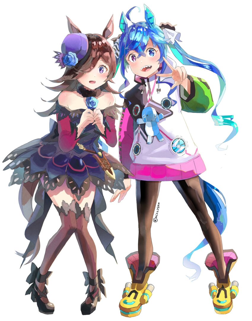2girls, ahoge, animal_ears, aqua_hair, black_footwear, blue_eyes, blue_flower, blue_hair