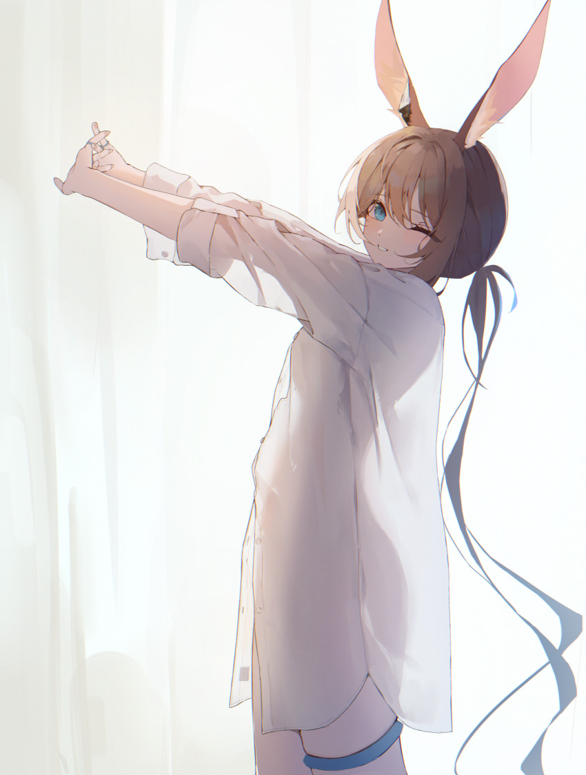 1girl, ;d, absurdres, amiya_(arknights), animal_ears, arknights, backlighting, blue_eyes, brown_hair, buttons, chromatic_aberration, commentary, cowboy_shot, day, dress_shirt, fingernails, highres, indoors, interlocked_fingers, jewelry, long_hair, long_sleeves, looking_at_viewer, naked_shirt, one_eye_closed, open_clothes, open_mouth, open_shirt, outstretched_arms, own_hands_together, ponytail, rabbit_ears, rabbit_girl, ring, see-through_clothes, see-through_shirt, see-through_silhouette, shiina_1001, shirt, sketch, smile, solo, standing, stretching, sunlight, untranslatable_commentary, thighlet, unbuttoned, very_long_hair, white_shirt