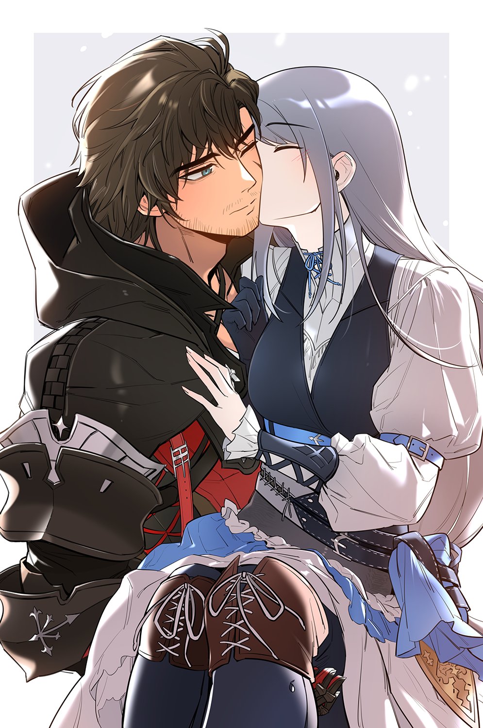 1boy, 1girl, armored_gloves, asymmetrical_gloves, black_hair, blue_eyes, blush, clive_rosfield