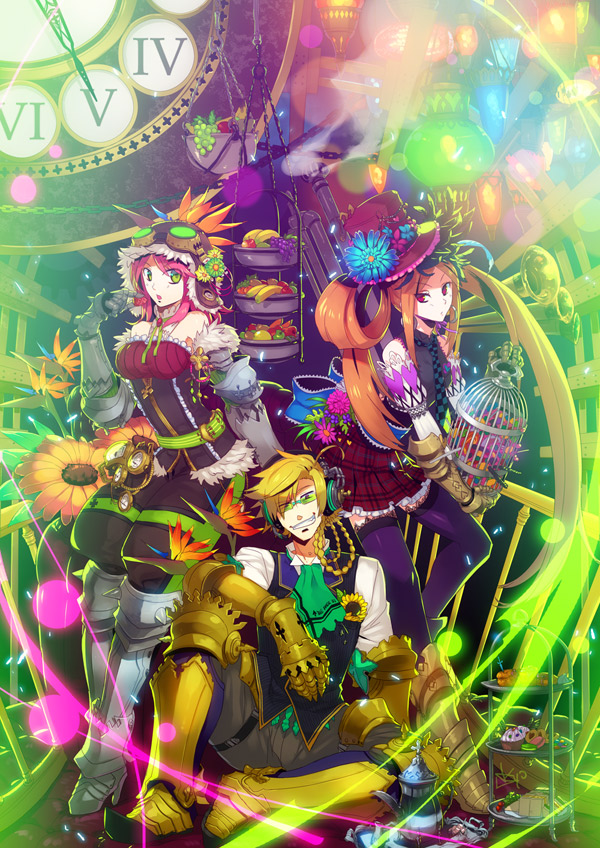 armor, ascot, birdcage, black_thighhighs, blonde_hair, cage, clock, colorful, cupcake, flower, food, fruit, gauntlets, glasses, goggles, goggles_on_head, greaves, green_eyes, hat, headphones, kiritachi, lantern, long_hair, orange_hair, original, pink_hair, plaid, red_eyes, ribbon, skirt, surreal, teapot, thighhighs, top_hat