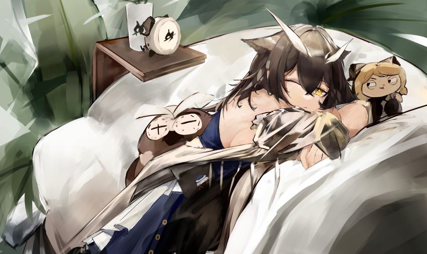 1girl, absurdres, arknights, bare_shoulders, bird_girl, brown_hair, character_doll, doll