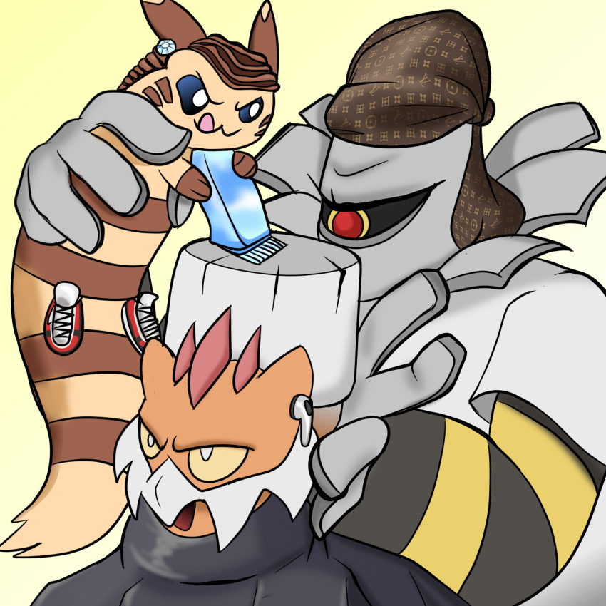 :3, :q, airpods, barber, barber_cape, choso_giving_toudou_a_haircut_(meme), clothed_pokemon, cutting_another's_hair, cutting_hair, dusknoir, flattop, furret, gen_2_pokemon, gen_4_pokemon, gen_5_pokemon, hair_clipper, hat, highres, holding, landorus, landorus_(therian), legendary_pokemon, meme, nintendo, no_humans, pokemon, pokemon_(creature), pokemon_showdown!, shoes, spookyxylophone, tongue, tongue_out, wireless_earphones, yellow_eyes