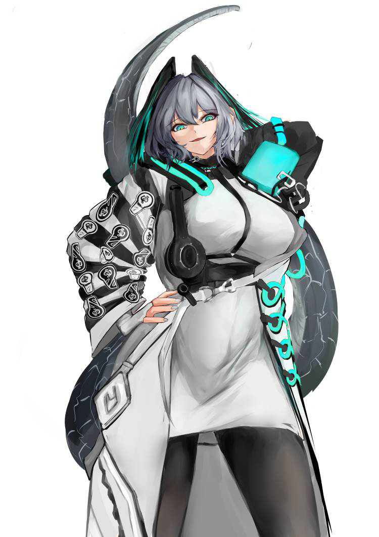 1girl, arknights, arm_behind_head, between_breasts, black_pantyhose, breasts, chinese_commentary, commentary, dress, feathered_wings, fingerless_gloves, gloves, grey_hair, hair_between_eyes, hand_on_own_hip, head_wings, ho'olheyak_(arknights), infection_monitor_(arknights), large_breasts, long_sleeves, looking_at_viewer, open_mouth, pantyhose, pencil_dress, simple_background, snake_tail, solo, strap_between_breasts, tail, two-tone_wings, very_long_tail, white_background, white_dress, white_gloves, white_nails, wings, zellyn-zhou