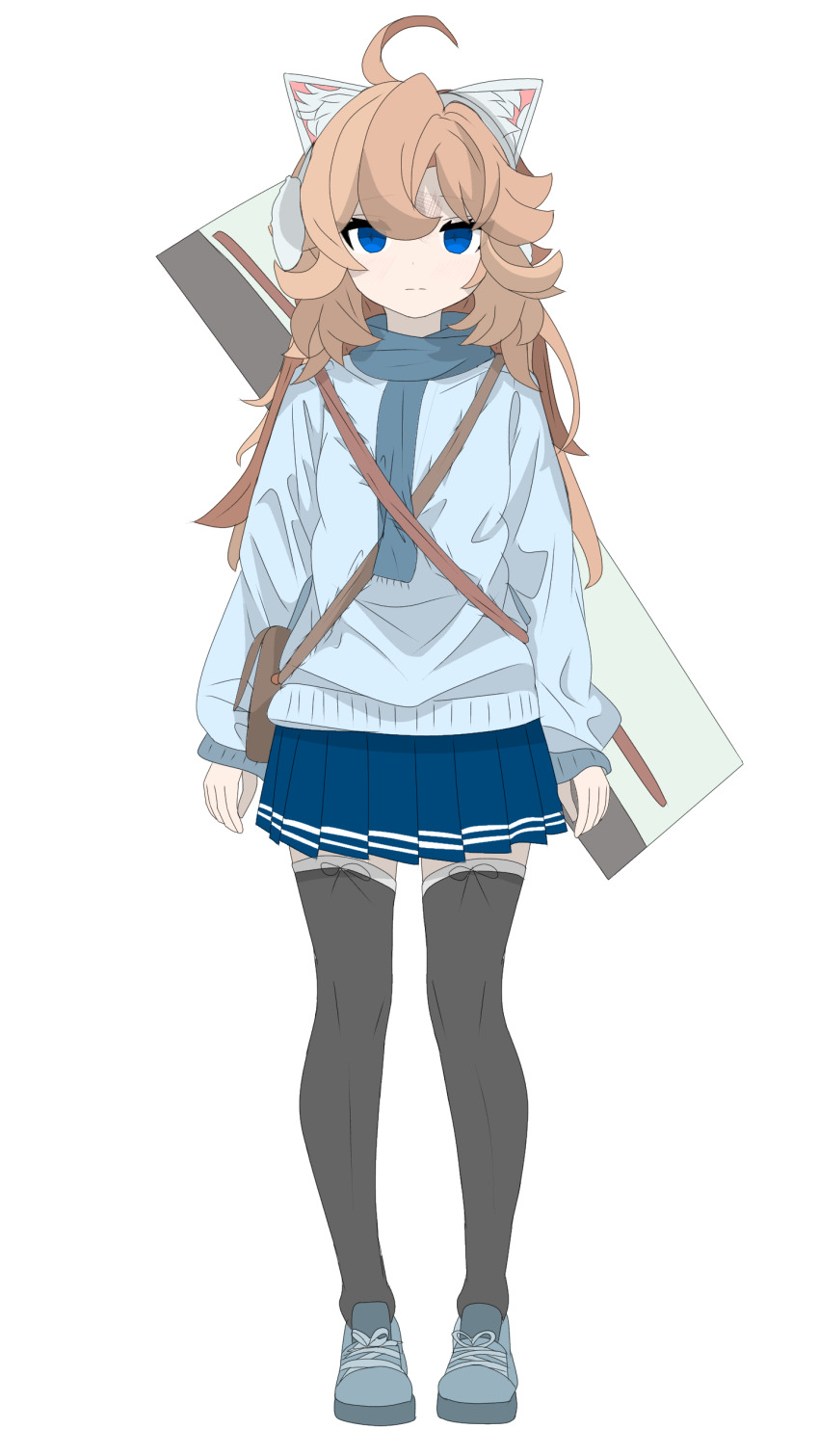1girl, absurdres, ahoge, animal_ears, bag, black_thighhighs, blue_eyes, blue_footwear