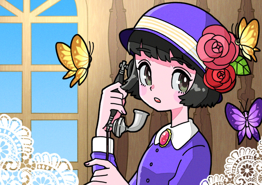 1girl, antique_phone, black_eyes, black_hair, blush_stickers, brooch, bug, butterfly