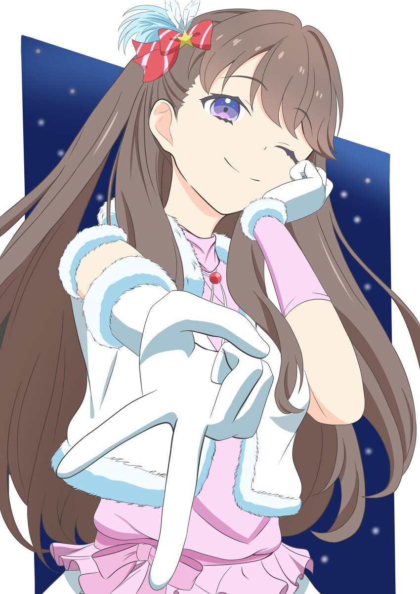 1girl, ;), absurdres, asymmetrical_gloves, border, bow, brown_hair, closed_mouth