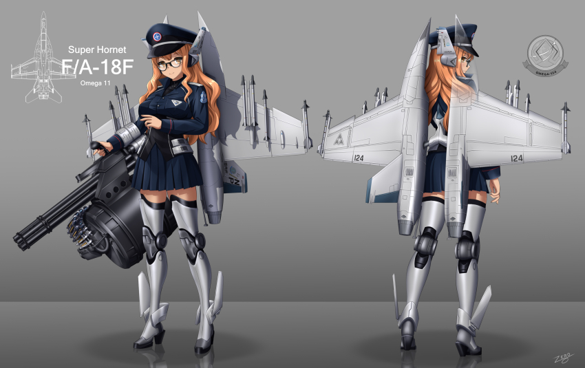 1girl, 20x102_vulcan, ace_combat, ace_combat_7, aim-9_sidewinder, air-to-air_missile, aircraft, airplane, airplane_wing, ammunition, ammunition_belt, anti-materiel_cartridge, autocannon, black-framed_eyewear, blue_hat, blue_skirt, breasts, cannon, cannon_cartridge, electronic_firearm, f/a-18f_super_hornet, fighter_jet, gatling_gun, glasses, gun, hat, headgear, highres, large-caliber_cartridge, large_breasts, long_hair, long_sleeves, m61_vulcan, mecha_musume, military_uniform, military_vehicle, minigun, miniskirt, missile, multiple-barrel_gun, on_airplane, orange_hair, original, peaked_cap, personification, pleated_skirt, precision-guided_munition, rotary_cannon, skirt, standing, very_long_hair, weapon, yellow_eyes, zero_(73ro)