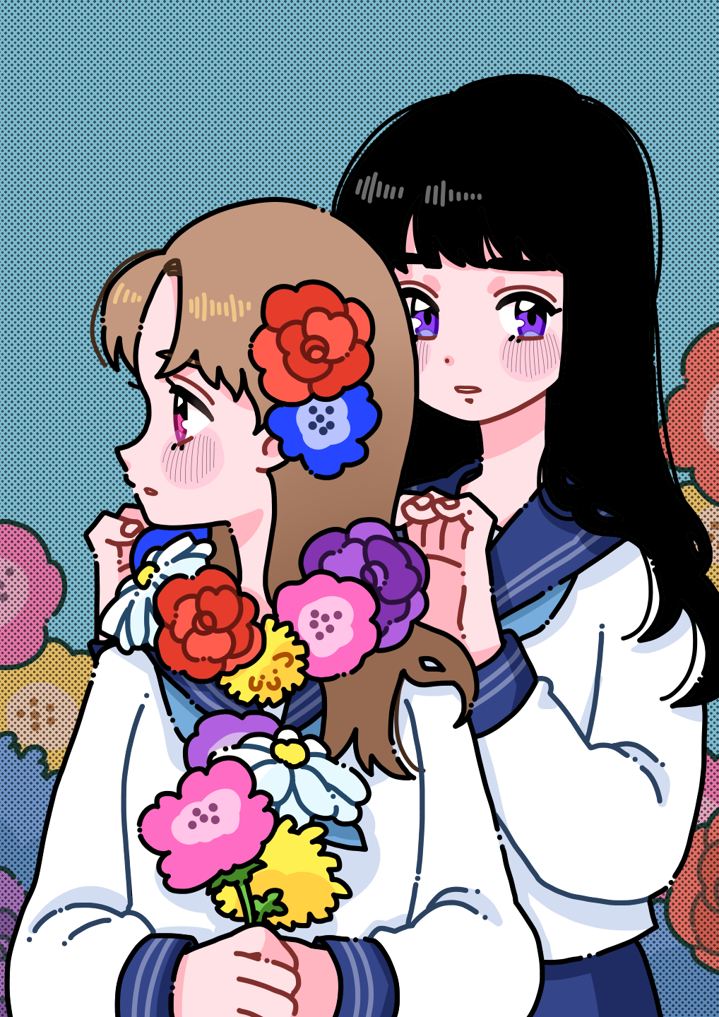 2girls, black_hair, blue_background, blue_flower, blue_sailor_collar, blue_skirt, blush_stickers, brown_hair, daisy_(flower), dandelion, flower, flower_necklace, fujishima_moyu, hair_flower, hair_ornament, highres, holding, holding_flower, jewelry, long_sleeves, multiple_girls, necklace, original, parted_lips, purple_eyes, red_flower, sailor_collar, school_uniform, shirt, skirt, white_shirt, yellow_flower, yuri