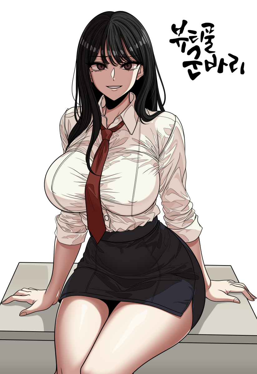 1girl, bare_legs, beautiful_gunbari, black_hair, black_skirt, breasts, brown_eyes, desk