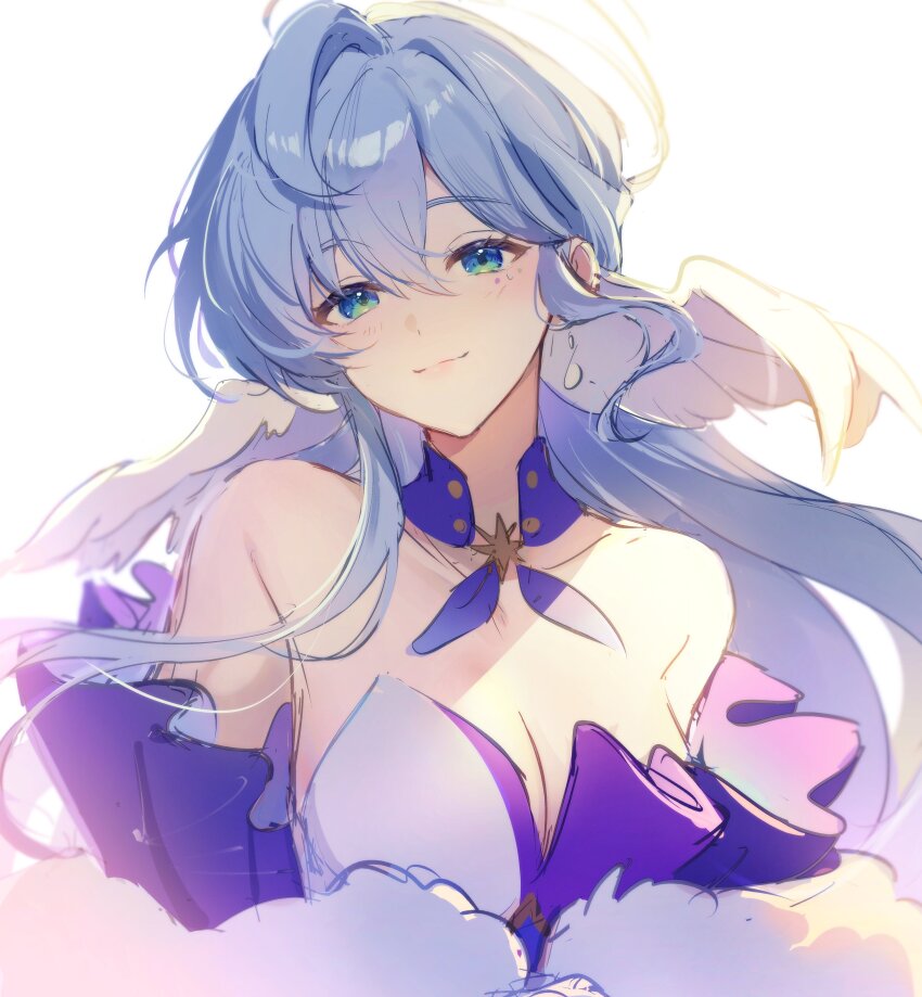 1girl, absurdres, blue_hair, boat, breasts, cleavage, commentary, dress