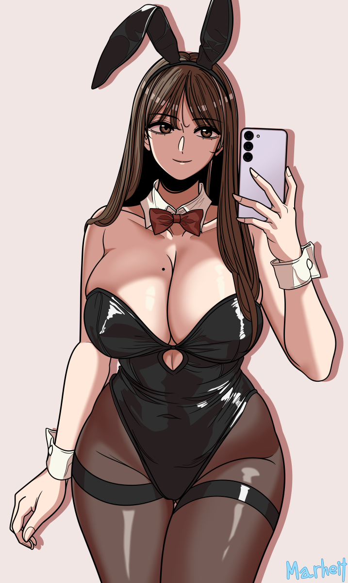 1girl, animal_costume, beautiful_gunbari, black_leotard, black_pantyhose, bow, breasts, brown_eyes