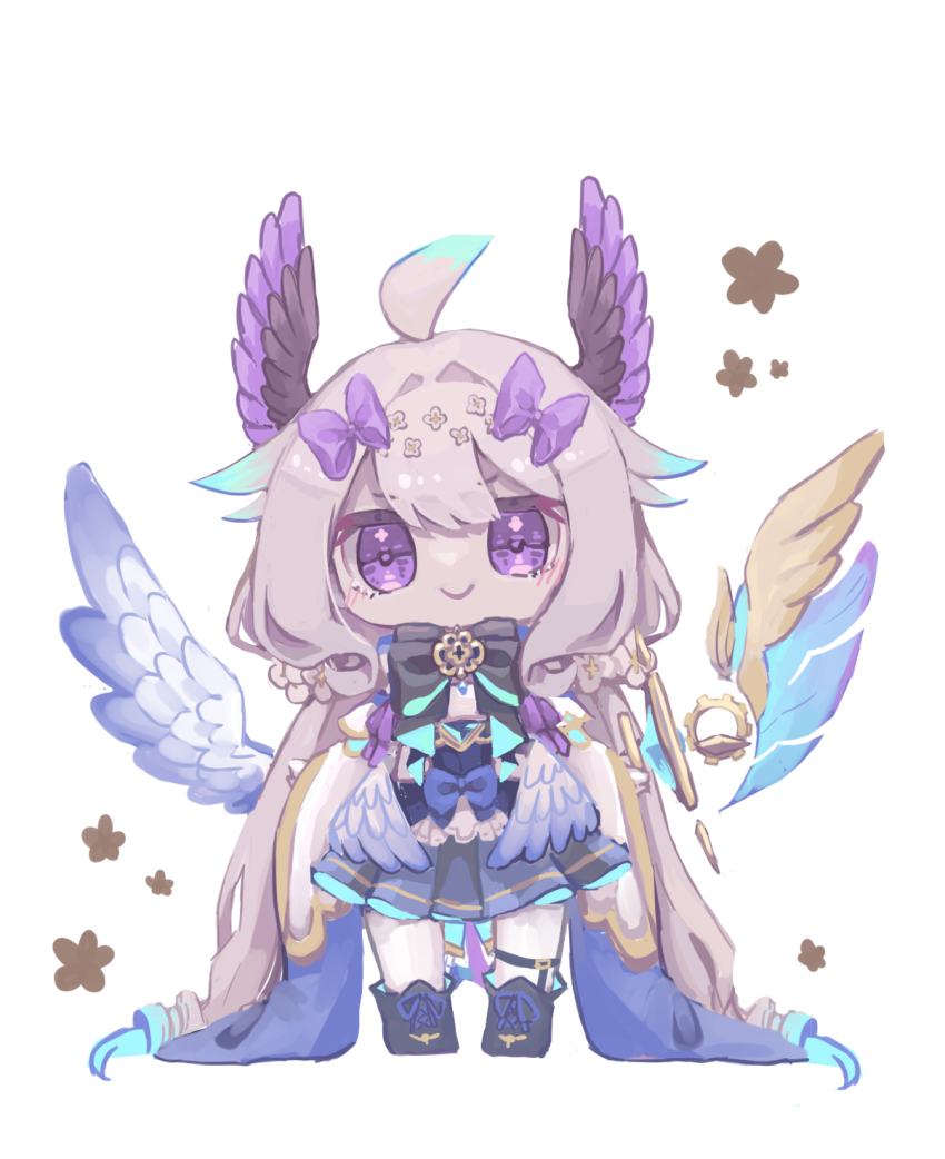 1girl, absurdly_long_hair, ahoge, angel_wings, asymmetrical_wings, belt, belt_buckle, bird_wings