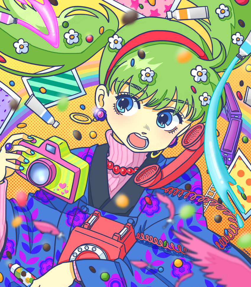 1girl, antique_phone, blue_eyes, blue_nails, camera, candy, earrings, eyelashes