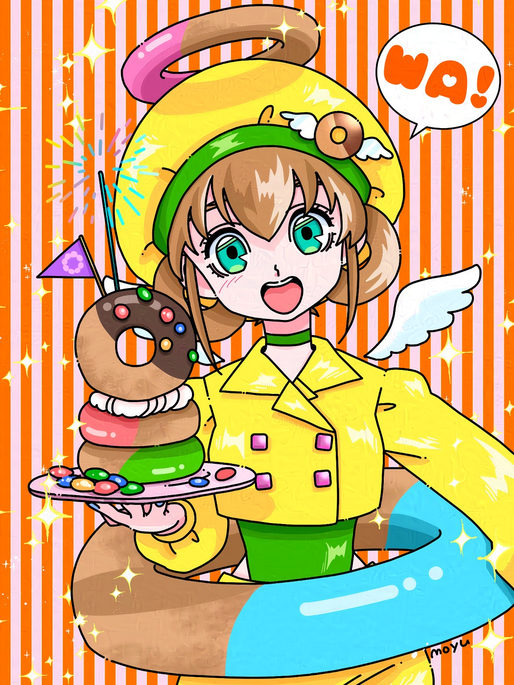 1girl, blue_eyes, brown_hair, choker, detached_wings, donut, fireworks, flag