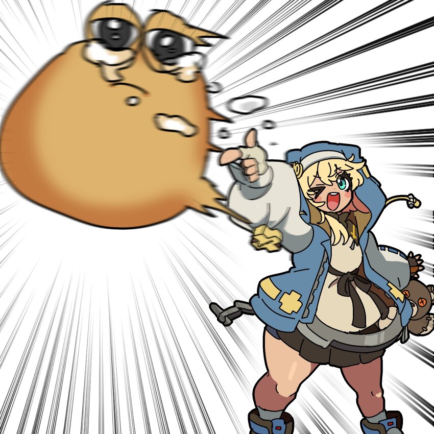 1boy, aqua_eyes, black_skirt, blonde_hair, blue_jacket, blush_stickers, bridget_(guilty_gear), feet_out_of_frame