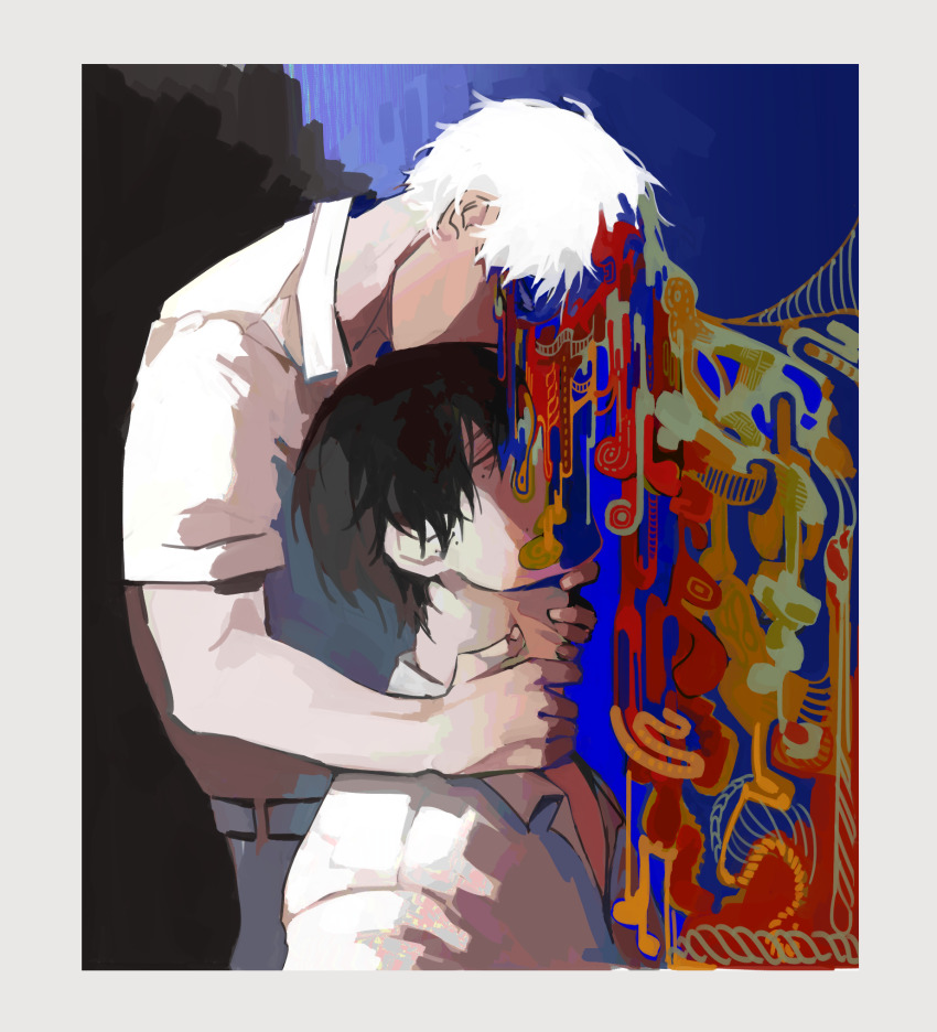 2boys, belt, black_hair, blue_background, body_horror, closed_eyes, dress_shirt, hands_on_another's_neck, highres, hikaru_ga_shinda_natsu, indou_hikaru, male_focus, melting, multiple_boys, necktie, on-ae, pants, shirt, shirt_tucked_in, short_hair, short_sleeves, simple_background, tsujinaka_yoshiki, very_short_hair, white_hair, white_shirt