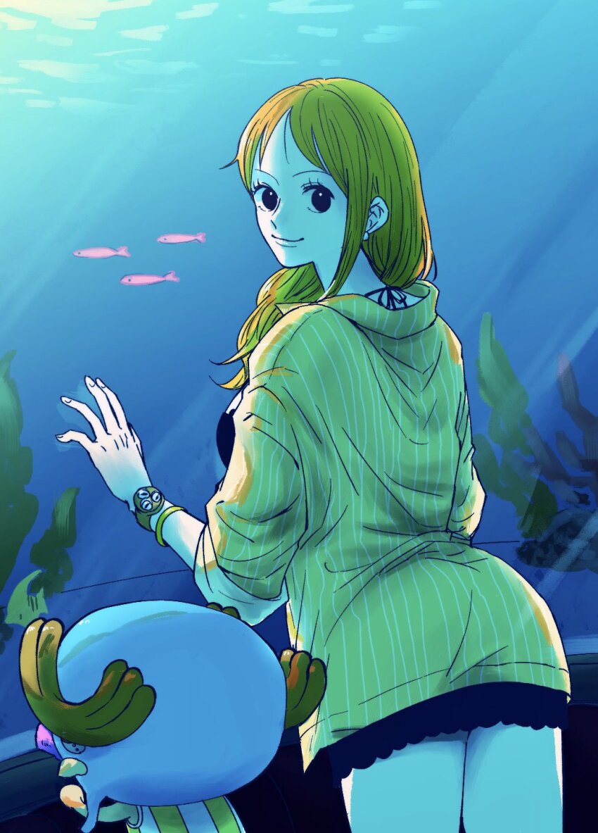 1boy, 1girl, algae, alternate_costume, antlers, horns_through_headwear, aquarium, bangle