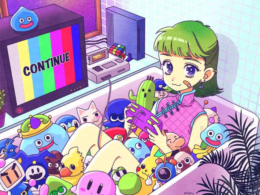 1girl, bathtub, blue_eyes, blue_pikmin, bomberman, cactus, character_request, china_dress, chinese_clothes, chocobo, controller, copyright_request, doko_demo_issyo, doseisan, dragon_quest, dress, eyelashes, famicom, felyne, final_fantasy, fujishima_moyu, game_console, game_controller, gen_1_pokemon, gen_4_pokemon, goomba, green_eyes, healslime, highres, holding, holding_controller, holding_game_controller, inkling_(squid), inky_(pac-man), inoue_toro, jack_frost_(megami_tensei), king_slime_(dragon_quest), kirby, kirby_(series), knees_up, mario_(series), monster_hunter_(series), moogle, mother_(series), nintendo, pac-man_(game), pikachu, pikmin_(series), pink_dress, piplup, pokemon, puyo_(puyopuyo), puyopuyo, rubik's_cube, sabotender, shin_megami_tensei, slime_(dragon_quest), sonic_(series), sonic_the_hedgehog, splatoon_(series), television, test_card, white_bomberman, wii, yoshi