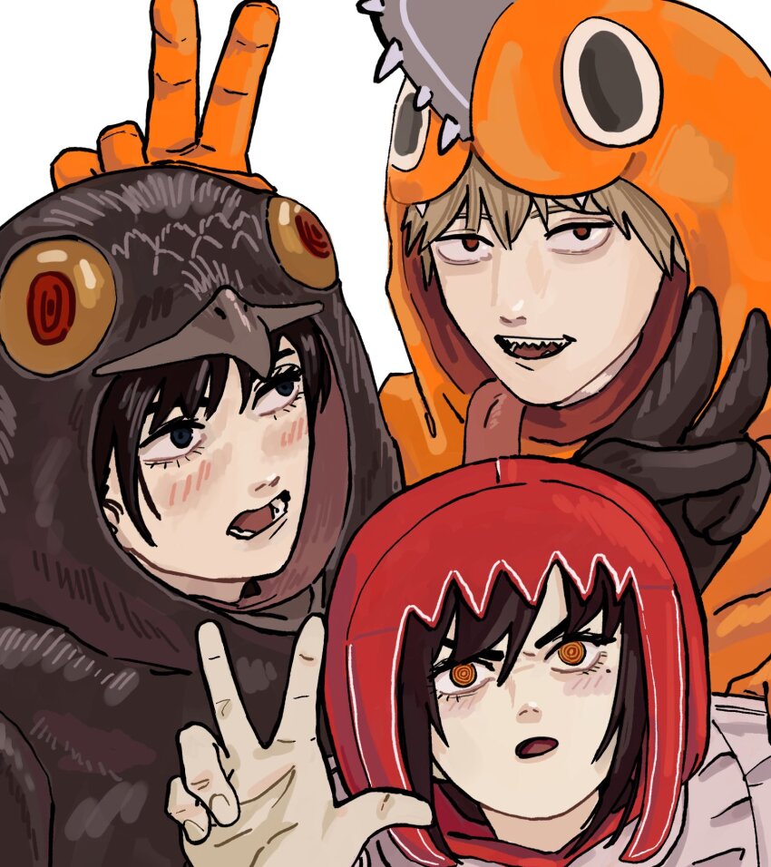 1boy, black_hair, blonde_hair, blush, bunny_ears_prank, chainsaw, chainsaw_man, cosplay