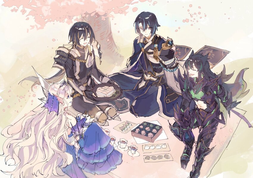 1girl, 3boys, bento, black_hair, cup, duel_monster, fins, frilled_sleeves