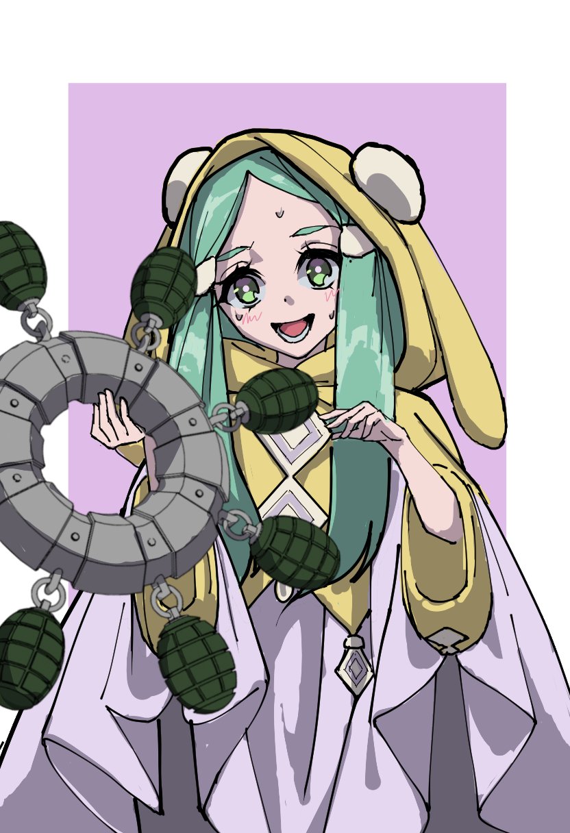 1girl, animal_hood, bomb, cloak, duel_monster, explosive, forehead, gameplay_mechanics