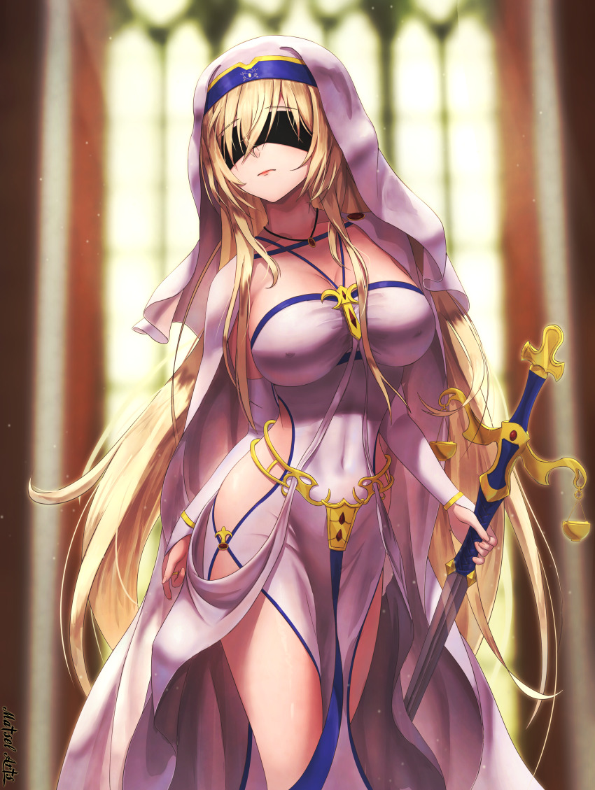 absurdres, blindfold, blindfold_slip, blonde_hair, bridal_gauntlets, covered_eyes, goblin_slayer!, habit