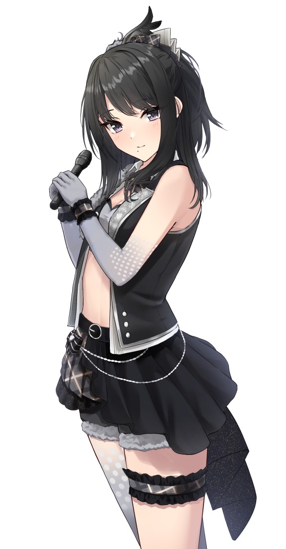 1girl, ashiminoe, black_hair, black_shorts, elbow_gloves, from_side, fur-trimmed_shorts, fur_trim, gloves, grey_eyes, grey_gloves, holding, holding_microphone, idolmaster, idolmaster_shiny_colors, kazano_hiori, long_hair, looking_at_viewer, looking_to_the_side, microphone, mole, mole_under_mouth, overcast_monochrome_(idolmaster), pantyhose, plaid_clothes, plaid_scrunchie, plaid_wrist_cuffs, polka_dot, polka_dot_gloves, polka_dot_pantyhose, scrunchie, shorts, simple_background, solo, white_background, wrist_cuffs