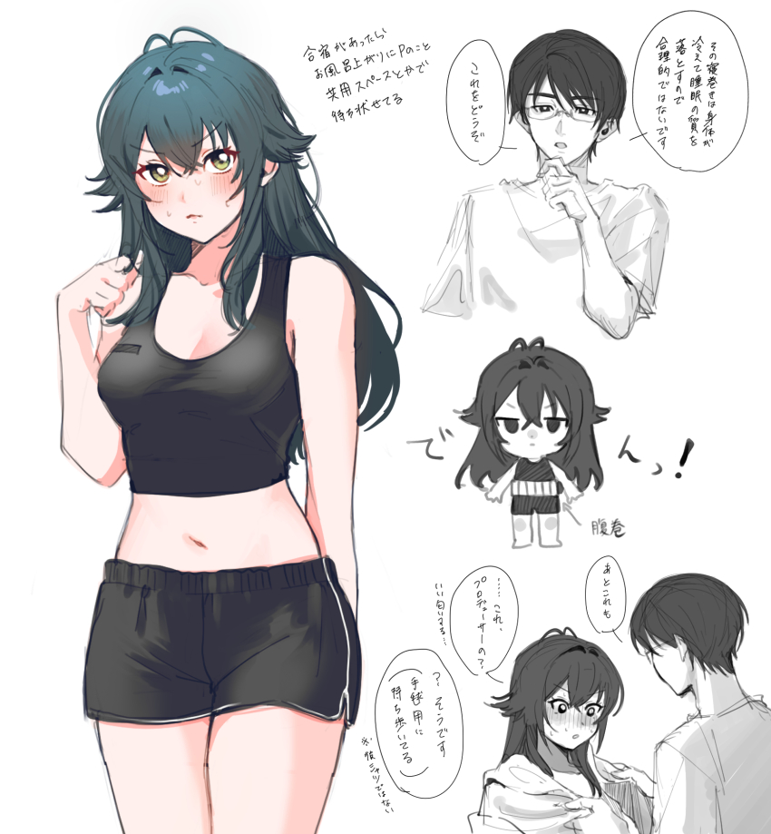 1boy, 1girl, antenna_hair, black_shorts, black_tank_top, blush, breasts, cleavage, collarbone, commentary_request, crop_top, dolphin_shorts, gakuen_idolmaster, green_eyes, green_hair, hair_flaps, hand_on_own_chin, hetero, highres, idolmaster, long_hair, looking_at_another, medium_breasts, midriff, multiple_views, navel, nervous_sweating, orenjisiro, partially_colored, producer_(idolmaster), short_shorts, shorts, speech_bubble, stomach, stroking_own_chin, sweat, tank_top, translation_request, tsukimura_temari, very_long_hair