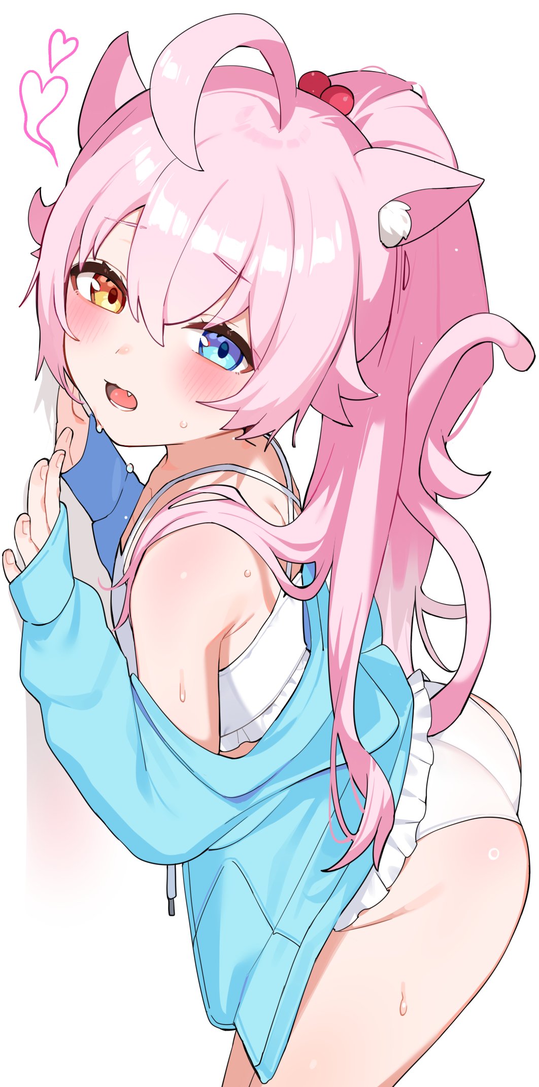 1girl, against_wall, ahoge, alternate_hairstyle, animal_ears, ass, bare_shoulders, bikini, blue_archive, blue_eyes, blue_jacket, blush, cat_ears, cat_girl, cat_tail, commentary_request, fang, frilled_bikini, frills, from_side, hair_between_eyes, hair_bobbles, hair_flaps, hair_ornament, heart, heterochromia, highres, hoshino_(blue_archive), hoshino_(swimsuit)_(blue_archive), inuyama_nanami, jacket, looking_at_viewer, off_shoulder, official_alternate_costume, open_mouth, pink_hair, ponytail, solo, swimsuit, tail, white_bikini, yellow_eyes