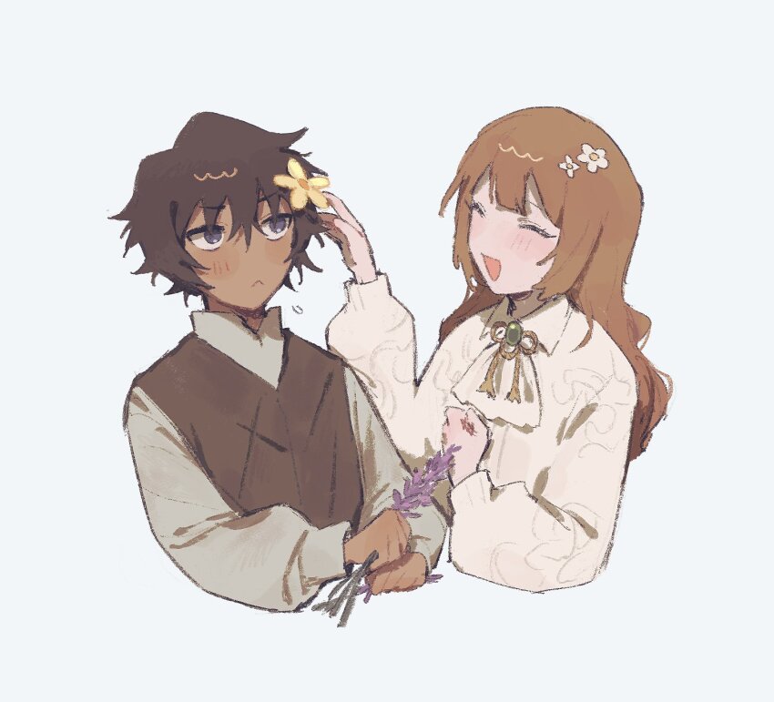 :<, :d, aged_down, blush, brown_hair, catherine_(project_moon), closed_eyes, dark-skinned_male