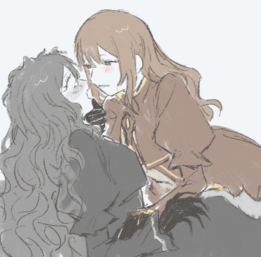 2girls, black_dress, blush, brown_dress, brown_eyes, brown_hair, catherine_(project_moon), claws