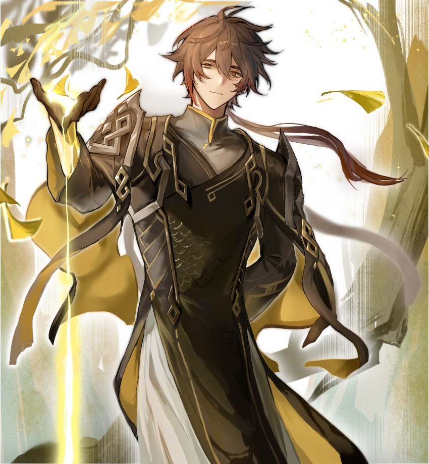 1boy, absurdres, arm_behind_back, black_gloves, brown_hair, changpao, chinese_clothes, closed_mouth, dddddd_(ni989393), earrings, eyeliner, eyeshadow, genshin_impact, ginkgo_leaf, gloves, gradient_hair, hair_between_eyes, hanfu, highres, jewelry, jiaoling_ruqun, leaf, long_hair, long_sleeves, looking_at_viewer, makeup, male_focus, multicolored_hair, official_alternate_costume, orange_hair, ponytail, red_eyeshadow, single_earring, smile, solo, tassel, tassel_earrings, tree, yellow_eyes, zhongli_(genshin_impact), zhongli_(lantern_rite)_(genshin_impact)