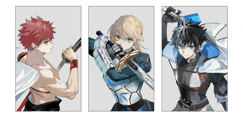 1girl, 2boys, armor, armored_dress, artoria_pendragon_(fate), black_hair, blonde_hair, blue_cloak