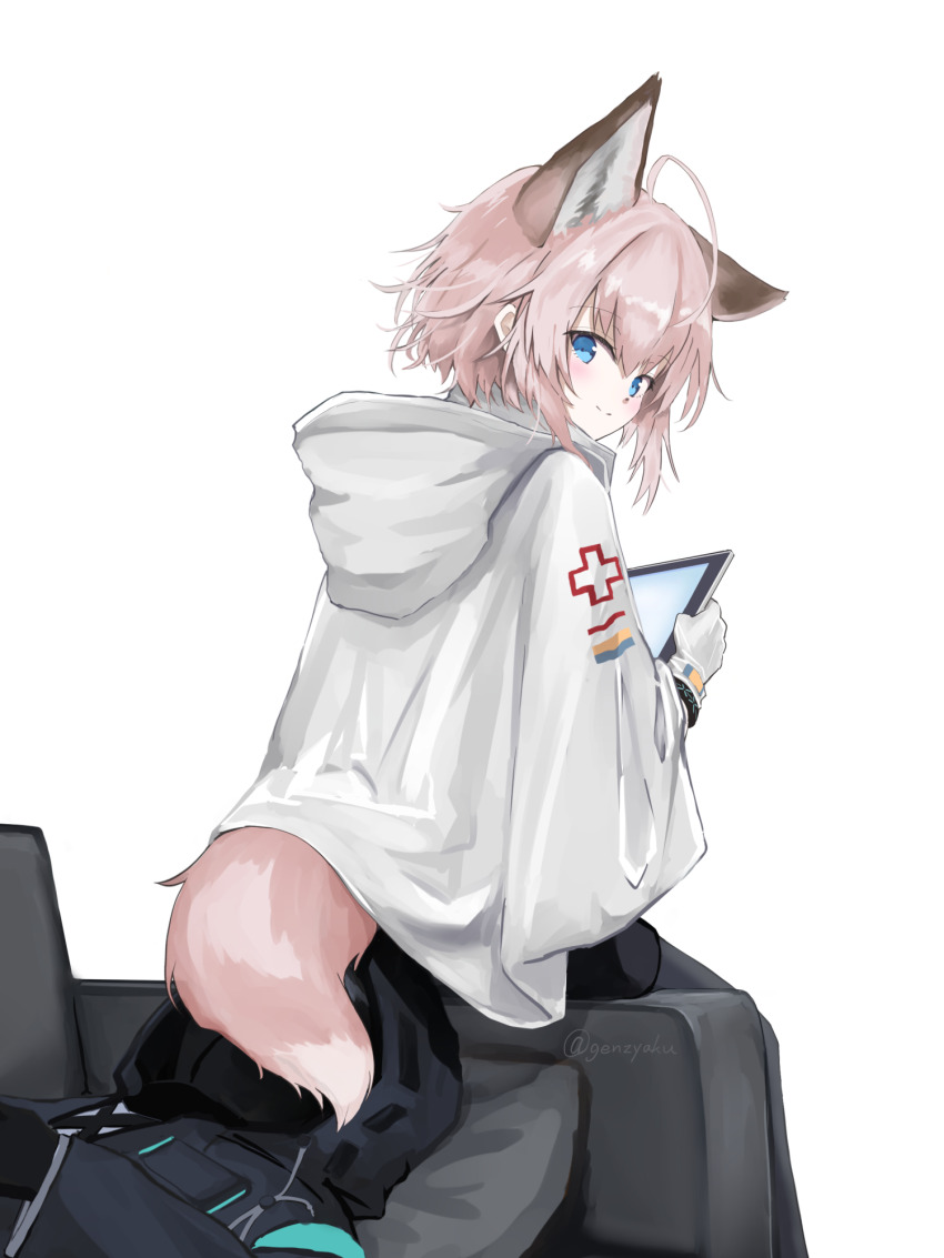1boy, 1girl, ahoge, animal_ear_fluff, animal_ears, arknights, black_coat, black_pantyhose, black_skirt, blue_eyes, brown_hair, cloak, coat, couch, doctor_(arknights), fox_ears, fox_girl, fox_tail, from_behind, genjaku, gloves, highres, hood, hooded_jacket, jacket, looking_back, lying, on_back, pantyhose, pillow, short_hair, sitting, skirt, smile, sussurro_(arknights), tablet_pc, tail, tail_on_face, white_cloak, white_gloves