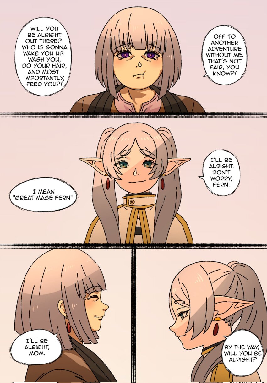 2girls, aged_up, alternate_hairstyle, basedlida, closed_eyes, comic, corrupted_twitter_file, earrings, elf, en, english_text, fern_(sousou_no_frieren), frieren, grey_hair, highres, jewelry, mother_and_child, mother_and_daughter, multiple_girls, old, old_woman, parent_and_child, pointy_ears, pout, right-to-left_comic, sad, smile, sousou_no_frieren, speech_bubble, white_hair