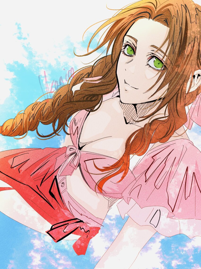 1girl, aerith_gainsborough, aerith_gainsborough_(floral_delight), artist_name, braid, braided_ponytail, breasts, brown_hair