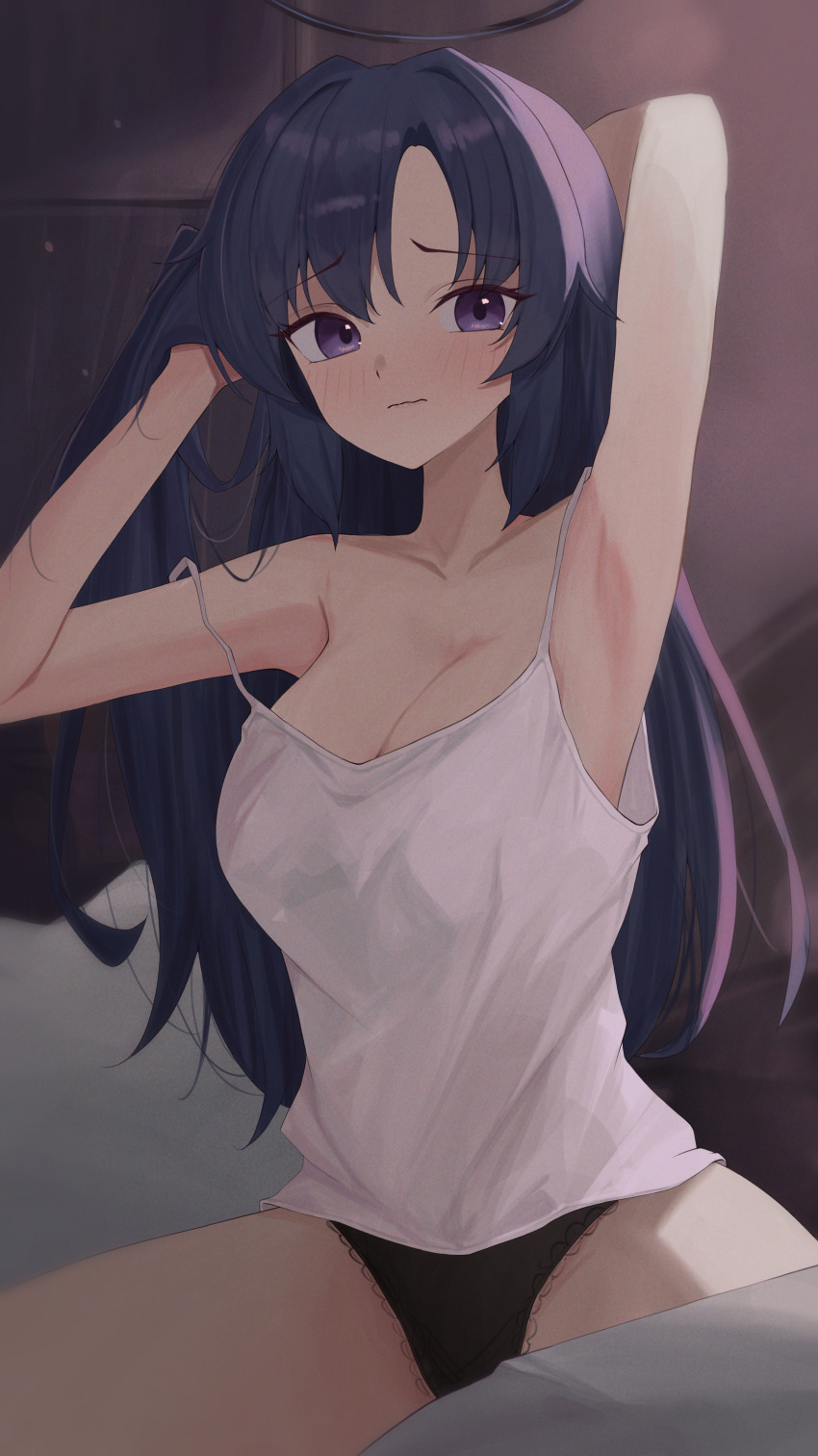 1girl, absurdres, adjusting_hair, armpits, black_panties, blue_archive, blush, breasts