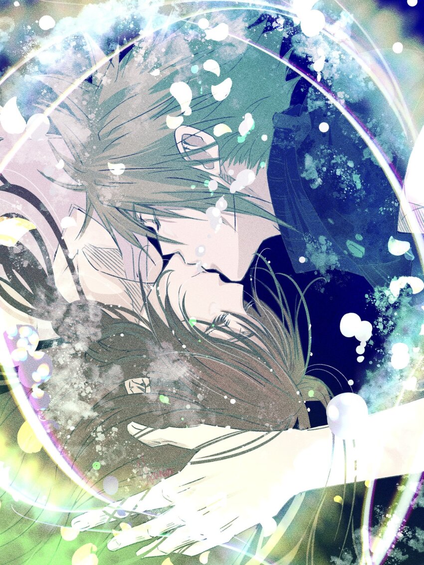 1boy, 1girl, aerith_gainsborough, air_bubble, blonde_hair, blue_shirt, brown_hair, bubble