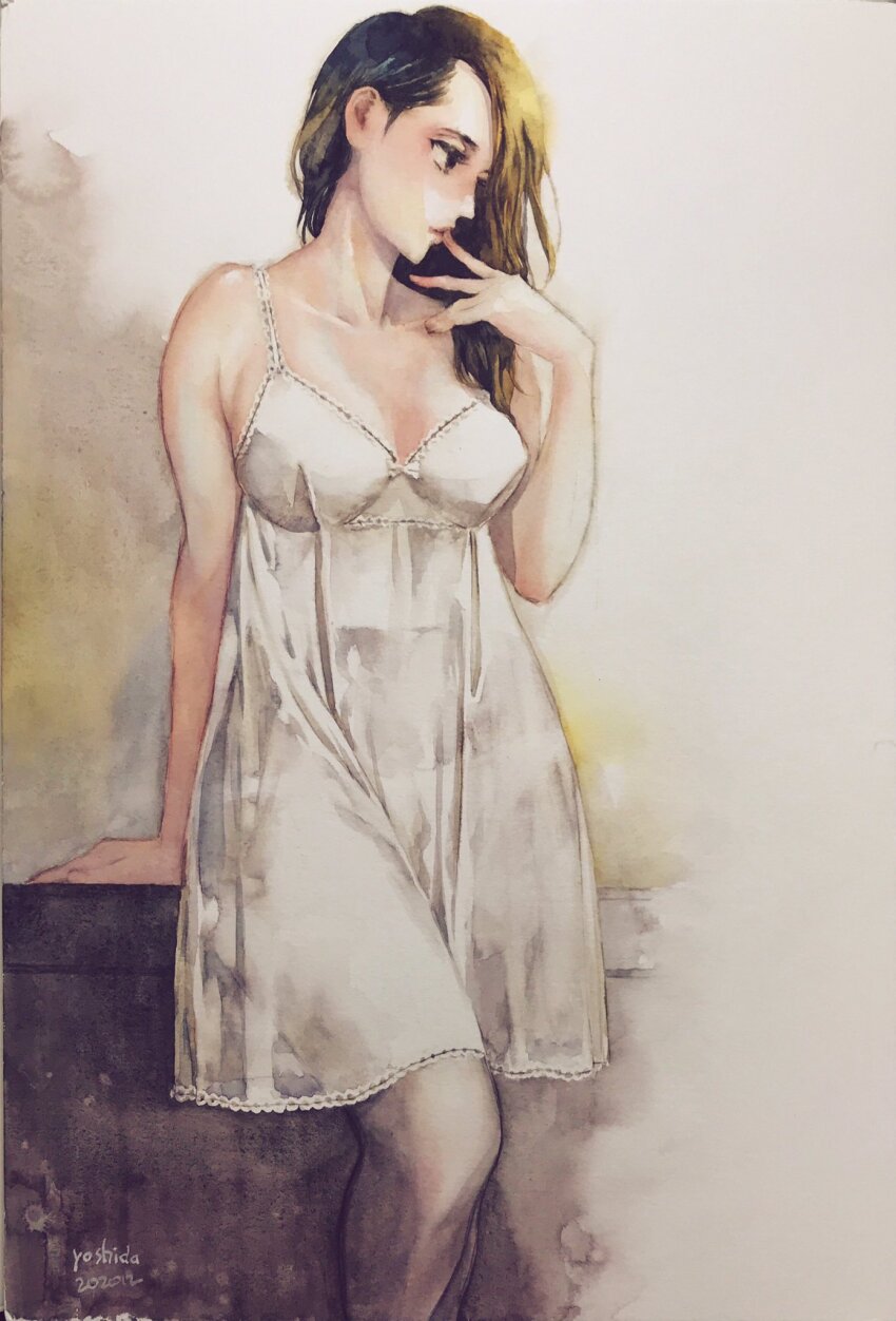 1girl, 2020, breasts, brown_hair, dated, dress, highres, kannou_sensei, large_breasts, long_hair, mizukawa_yukino, nightgown, painting_(medium), panties, pantyhose, see-through_clothes, see-through_dress, signature, solo, traditional_media, underwear, watercolor_(medium), white_panties, yoshida_motoi