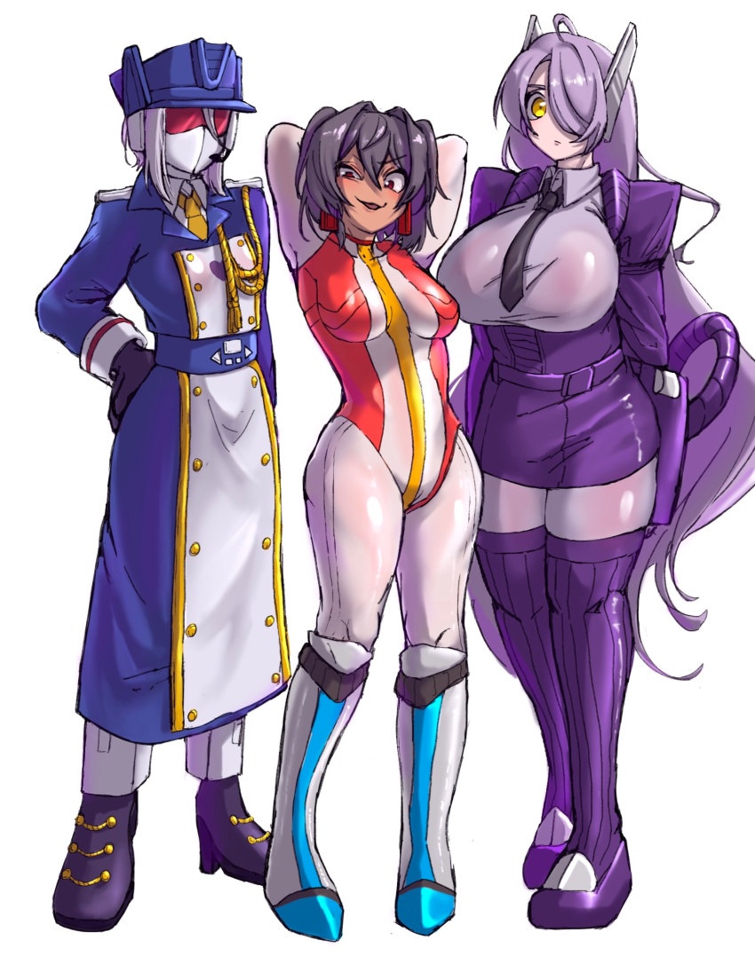 3girls, arms_behind_head, black_hair, black_necktie, blue_hat, blue_jacket, bodysuit, boots, breasts, collared_shirt, earpiece, genderswap, genderswap_(mtf), grey_footwear, grey_hair, grey_shirt, hat, high-waist_skirt, highres, humanization, jacket, jiatang, large_breasts, long_hair, mask, medium_breasts, mouth_mask, multicolored_bodysuit, multiple_girls, necktie, one_eye_covered, orange_necktie, purple_footwear, purple_hair, purple_jacket, purple_shirt, purple_skirt, red_bodysuit, red_eyes, robot_ears, shirt, shockwave_(transformers), simple_background, skirt, small_breasts, smile, soundwave_(transformers), starscream, sunglasses, thigh_boots, transformers, very_long_hair, white_background, white_bodysuit