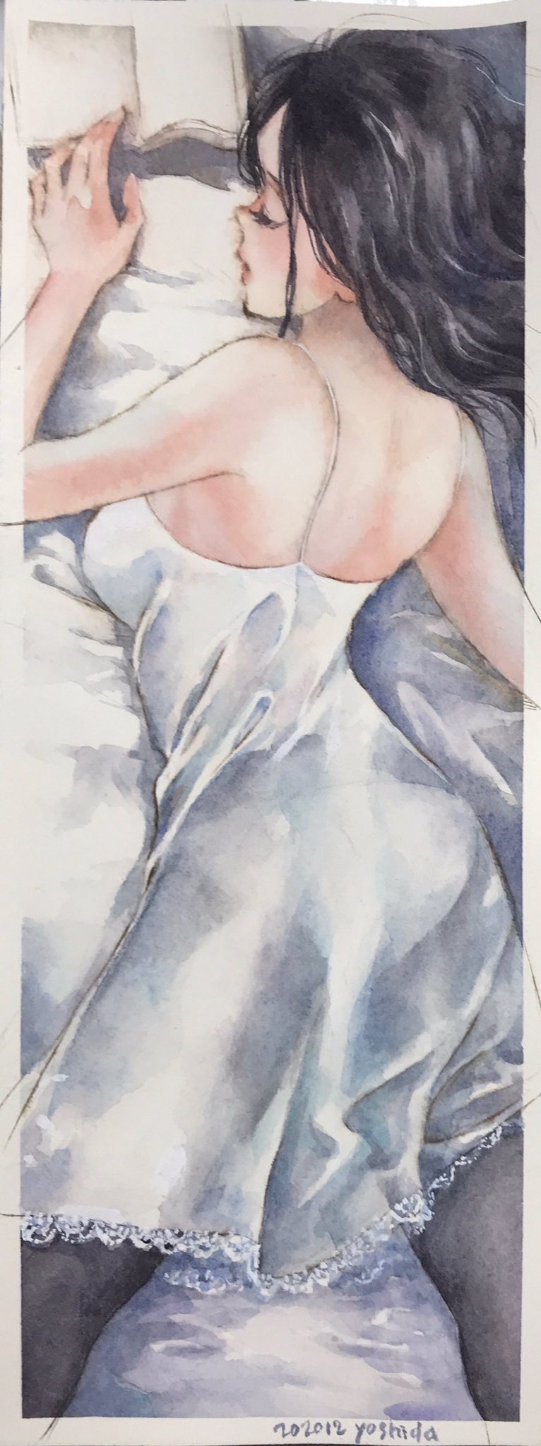 1girl, 2020, bed_sheet, book, closed_eyes, dated, dress, highres